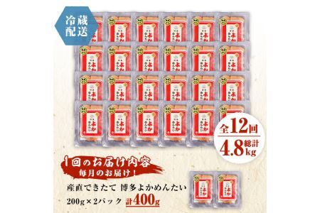 ＜定期便・全12回(連続)＞＜訳あり・切子＞無冷凍 辛子明太子(総量4.8kg・約400g×12回)めんたいこ 切れ子 小分け 冷蔵 福岡 海鮮 お土産＜離島配送不可＞【ksg1174】【富八商店】