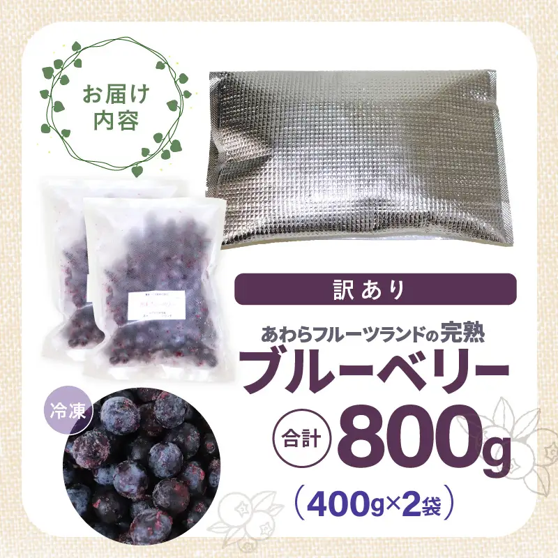 【先行予約】【訳あり】【冷凍】あわらフルーツランドのブルーベリー たっぷり 800g 便利な400g×2袋 【完熟】 / フルーツ 果物 くだもの 冷凍 小分け 完熟 ご当地 国産 おすすめ ※2026年8月上旬より順次発送 [aw091-a002]