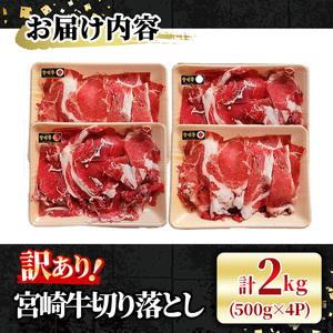 ＜訳あり＞宮崎牛 切り落とし(計2kg・500g×4P) 牛肉 肉 ブランド牛  冷凍 国産 精肉 お取り寄せ 黒毛和牛 宮崎県 【LJ006】【ローカルブランディング株式会社】
