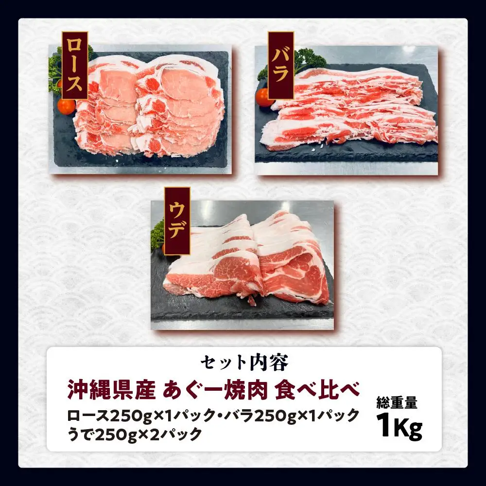 沖縄あぐー焼肉食べ比べ(ロース、バラ、ウデ)総重量1Kg   