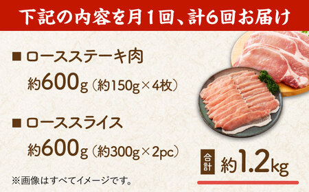 【6回定期便】豚ロースステーキ＆スライスセット 約1.2kg（ステーキ用 約150g×4枚・スライス 約300g×2pc）【吉里精肉】[ZEW103]