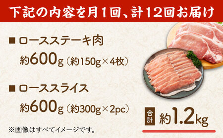 【12回定期便】豚ロースステーキ＆スライスセット 約1.2kg（ステーキ用 約150g×4枚・スライス 約300g×2pc）【吉里精肉】[ZEW104]