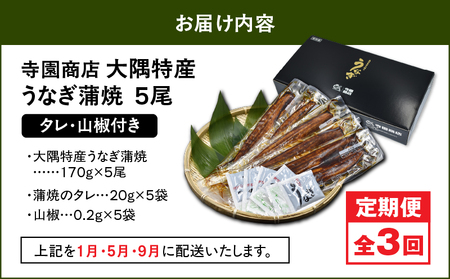 2488 【 定期 3回 】大隅特産 うなぎ蒲焼 5尾（850g）【 国産 】 KN060-T12 魚 冷凍 鰻 定期便