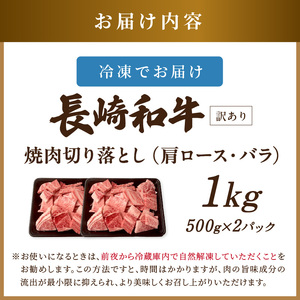 訳あり！【A4～A5】長崎和牛焼肉切り落とし(肩ロース・バラ)1kg(500g×2P)( 牛肉 おすすめ 長崎和牛 バーベキュー 焼肉 切り落とし 冷凍 国産 送料無料 )【C0-089】