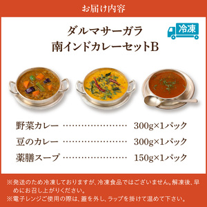 ダルマサーガラ　南インドカレーセットB_南インドカレー セット 3種 各1パック 計750g カレー ダルマサーガラ 野菜カレー 豆のカレー 薬膳スープ 中辛 野菜 豆 ムングダル 薬膳 酸味 スープ 本場 インドカレー 食品 南インド料理の専門店 冷凍 お取り寄せ 福岡県 久留米市 送料無料 〔Ca037〕