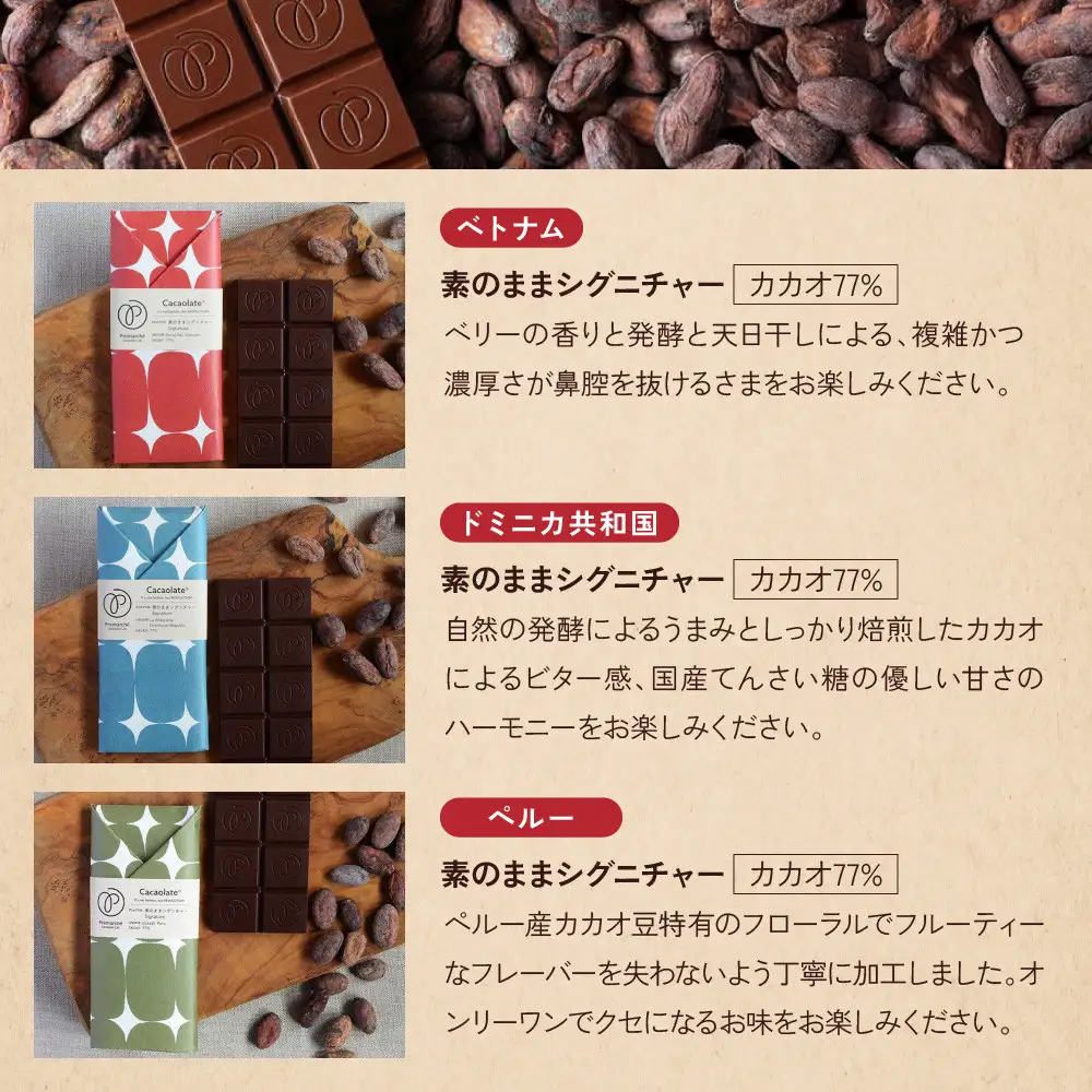 【Premarché Cacaolate Lab】国際コンテスト入賞店の手づくりチョコレート 産地食べ比べ3枚セット ＜セットA＞