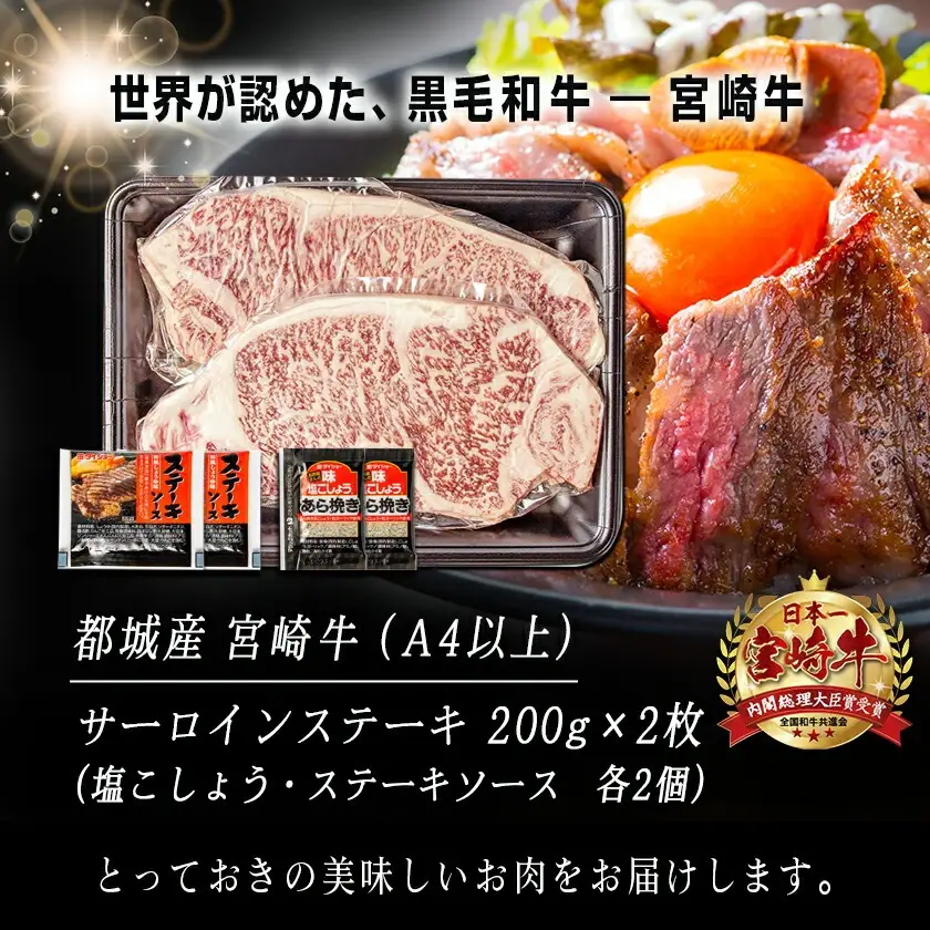 宮崎牛サーロインステーキ200g×2〔18-2501〕_(都城市) 都城産宮崎牛 サーロインステーキ 200g×2枚 塩コショー・ステーキソース付き