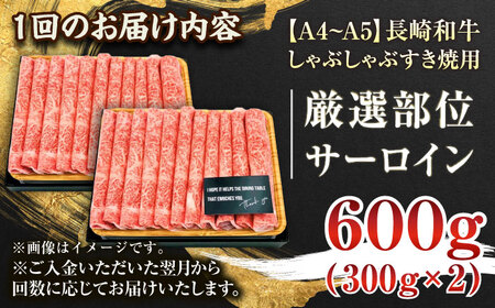 【全12回定期便】【厳選部位】【A4~A5】長崎和牛サーロインしゃぶしゃぶすき焼き用　600g（300g×2p）【株式会社 MEAT PLUS】[QBS086]