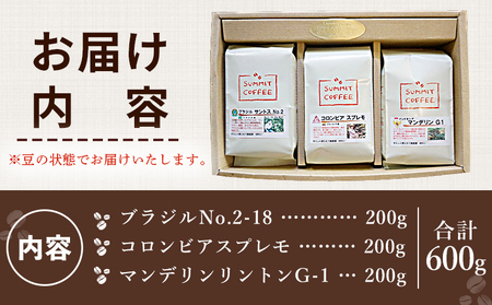 ＜サミット 煎りたて珈琲豆 3種飲み比べセット 合計600g（200g×3種）＞ コーヒー ドリンク 飲料 珈琲豆 リラックス 休憩 オフィス おうち時間 アウトドア のし対応可 サミットコーヒー 有限会社末光商店 愛媛県 西予市 【常温】『1か月以内に順次出荷予定』USM0001