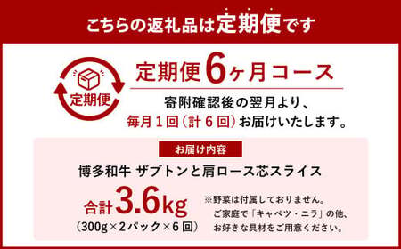 【6ヶ月定期便】博多和牛 ザブトンと肩ロース芯スライス しゃぶしゃぶ・すき焼き用 4人前