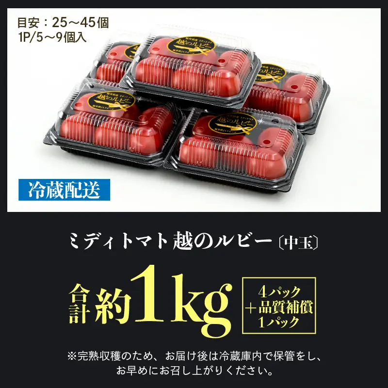 【先行予約】ミディトマト 越のルビー パック入り 約1kg 5パック（4パック＋品質補償1パック） / 福井県産 ブランド トマト 福井県産ブランドトマト 農家直送 有機肥料 低農薬 完熟 甘い ※2026年9月下旬より順次発送 [aw069-a009]