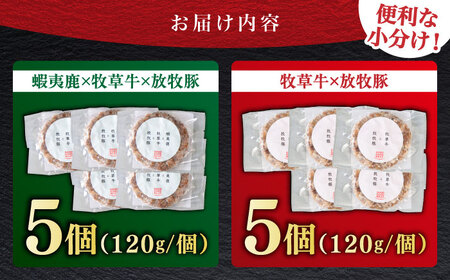 ハンバーグ 2種食べ比べ 10個セット 蝦夷鹿/牧草牛/放牧豚 ジビエ 卵不使用 合い挽き 冷凍 小分け 北海道 食べくらべ [AXBP009]
