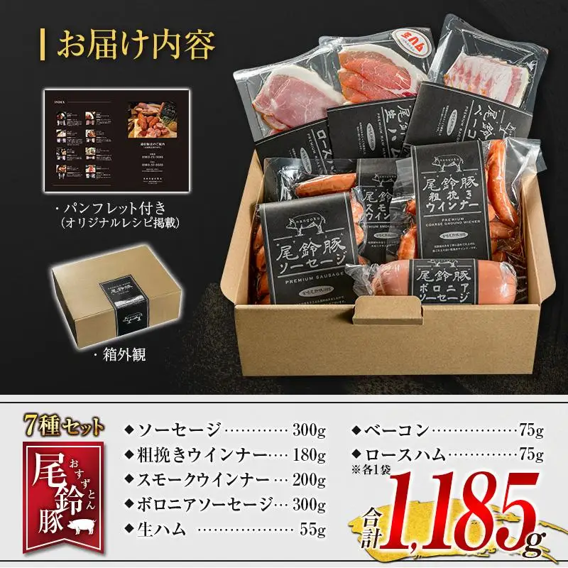 【PREMIUM PORK】 尾鈴豚 ハム ソーセージ 詰め合わせ 合計1,185g 7種 セット 宮崎県産