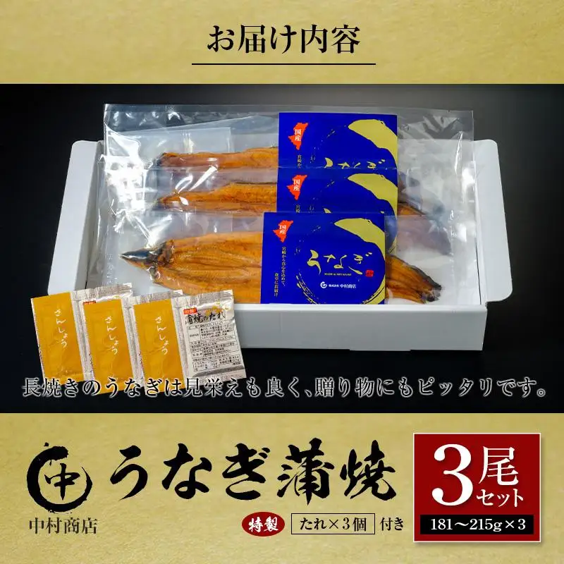 ◆中村商店 うなぎ蒲焼3尾セット 計543g以上