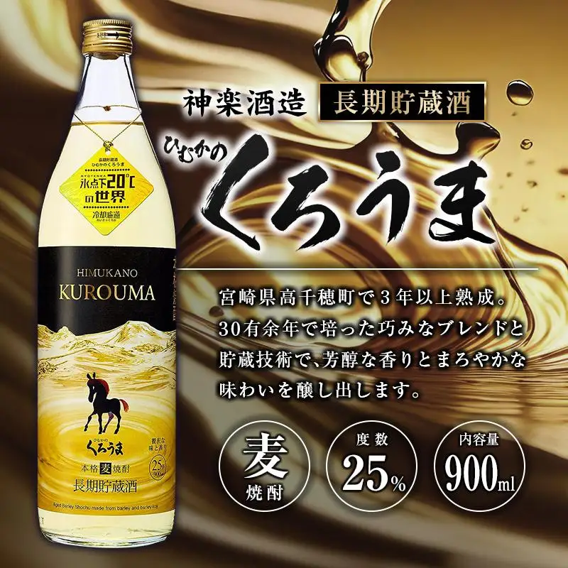「宮崎県麦焼酎」黒麹高千穂白ラベル・黒麹高千穂黒ラベル・くろうま・長期貯蔵酒ひむかのくろうま 25度 900ml 飲み比べ4本セット