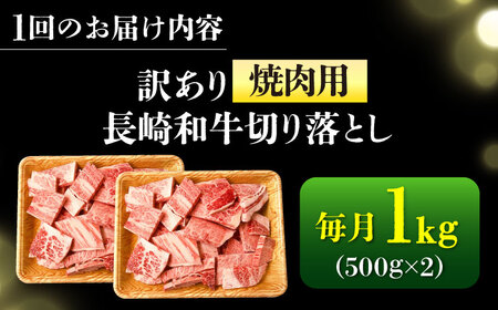 【12回定期便】【訳あり】A4-A5 長崎和牛 焼肉切り落とし 500g×2(肩ロース/バラ) [DBS048] 訳アリ 牛肉 肩ロース バラ