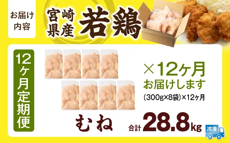 宮崎県産 若鶏切身 むね肉 2.4kg（300g×8袋）【12か月定期便】_b0779_it_x2