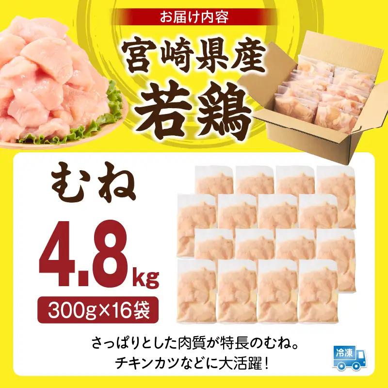 宮崎県産 若鶏切身 むね肉 4.8kg（300g×16袋）_b0782_it_x2
