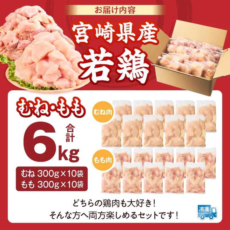 宮崎県産 若鶏切身 むね肉＆もも肉 6kg（各300g×10袋）_b0796_it_x2