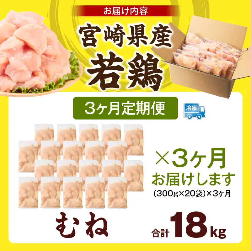 宮崎県産 若鶏切身 むね肉 6kg（300g×20袋）【3か月定期便】_b0797_it_x2