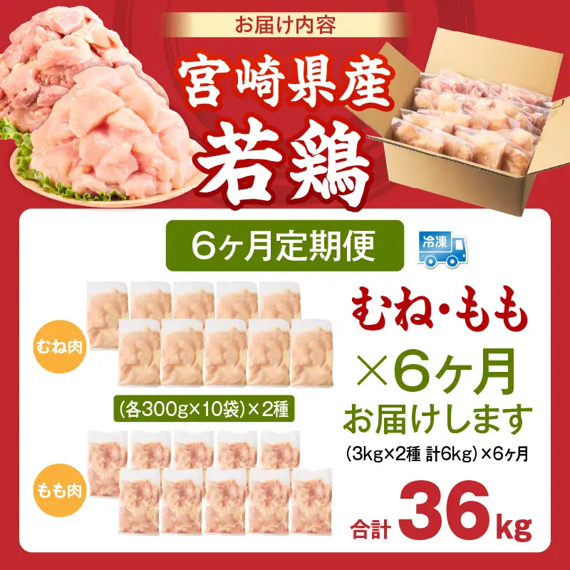 宮崎県産 若鶏切身 むね肉＆もも肉 6kg（各300g×10袋）【6か月定期便】_b0802_it_x2