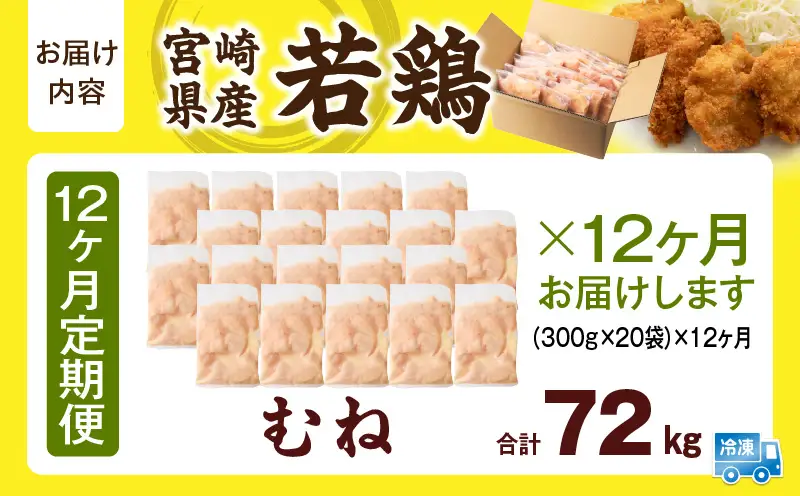 宮崎県産 若鶏切身 むね肉 6kg（300g×20袋）【12か月定期便】_b0803_it_x2