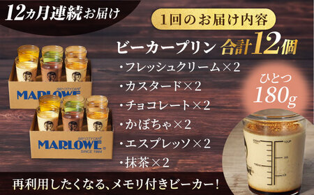 【全12回定期便】葉山ビーカープリン パーティーアソート セット 6種×2個 詰め合わせ（カスタードプリン・かぼちゃプリン・抹茶プリン・北海道フレッシュクリームプリン・エスプレッソプリン・チョコレートプリン）【マーロウ】 [AKAF049]