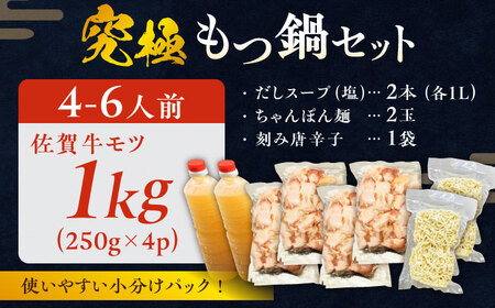 何度食べても飽きない美味しさ！こだわり佐賀牛100% もつ鍋セット 1kg(250g×4) 4~6人前 スープ・ちゃんぽん麺付 吉野ヶ里町/やきとり紋次郎[FCJ087]