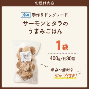1cofood 手作りドッグフード サーモンとタラのうまみごはん 400g×1袋_ドッグフード 手作り サーモン タラ うまみ ごはん 選べる 内容量 400g × 1袋 ～ 5袋 1cofood DHA EPA 抗酸化作用 魚 国産野菜 米 フルーツ 生酵素 海藻 コイン型 ペット 冷凍 福岡県 久留米市 送料無料 〔Pf015〕