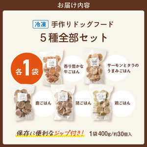1cofood　手作りドッグフード　5種全部セット　1.香り豊かな牛ごはん　2.サーモンとタラのうまみごはん　3.鹿ごはん　4.猪ごはん　5.鶏ごはん_ドッグフード 手作り 5種 セット 400g × 5袋 1cofood ジップ付き ウェットタイプ 牛肉 サーモン 低脂肪 高タンパク 鹿肉 猪肉 鶏肉 国産野菜 米 フルーツ 生酵素 海藻 コイン型 ペット 冷凍 福岡県 久留米市 送料無料 〔Pf035〕