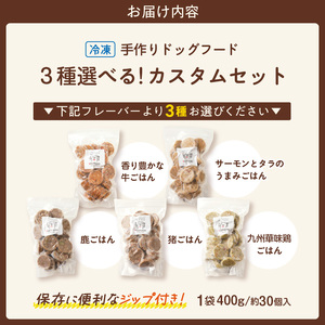 1cofood 手作りドッグフード 5種類から3品を選択可能 1.香り豊かな牛ごはん 2.サーモンとタラのうまみごはん 3.鹿ごはん 4.猪ごはん 5.九州華味鶏ごはん_ドッグフード 手作り 5種類 3品 選べる 400g × 3袋 1cofood 牛肉 サーモン 鱈 鹿肉 猪肉 ジビエ 華味鶏 国産野菜 米 フルーツ 生酵素 オリーブオイル 海藻 コイン型 冷凍 福岡県 久留米市  〔Pf036〕