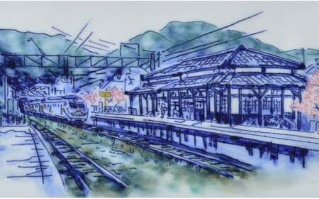 有田焼 線刻陶額「桜の咲く頃～上有田駅の春～」【聡窯 辻聡彦】陶磁器 風景画 絵画 陶画 インテリア アート ギフト A300-50