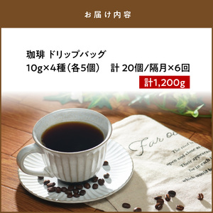 S025-T02_【全6回珈琲隔月定期便】自家焙煎した赤い月珈琲ドリップバッグ20個セット　計1,200g