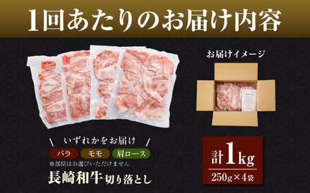【全6回定期便】長崎和牛（バラ、モモ、肩ロースのいずれか）1kg 切り落とし 250g×4P[RCE012] 長崎和牛 切り落とし 定期便 長崎和牛 切り落とし 定期便九州 長崎