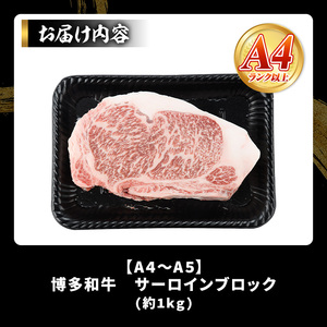 ＜A4～A5＞博多和牛サーロインブロック(約1kg) 国産 九州産 福岡県産 ブロック 牛肉 和牛 黒毛和牛 ステーキ サーロインステーキ お肉 【MEAT PLUS】as08-032