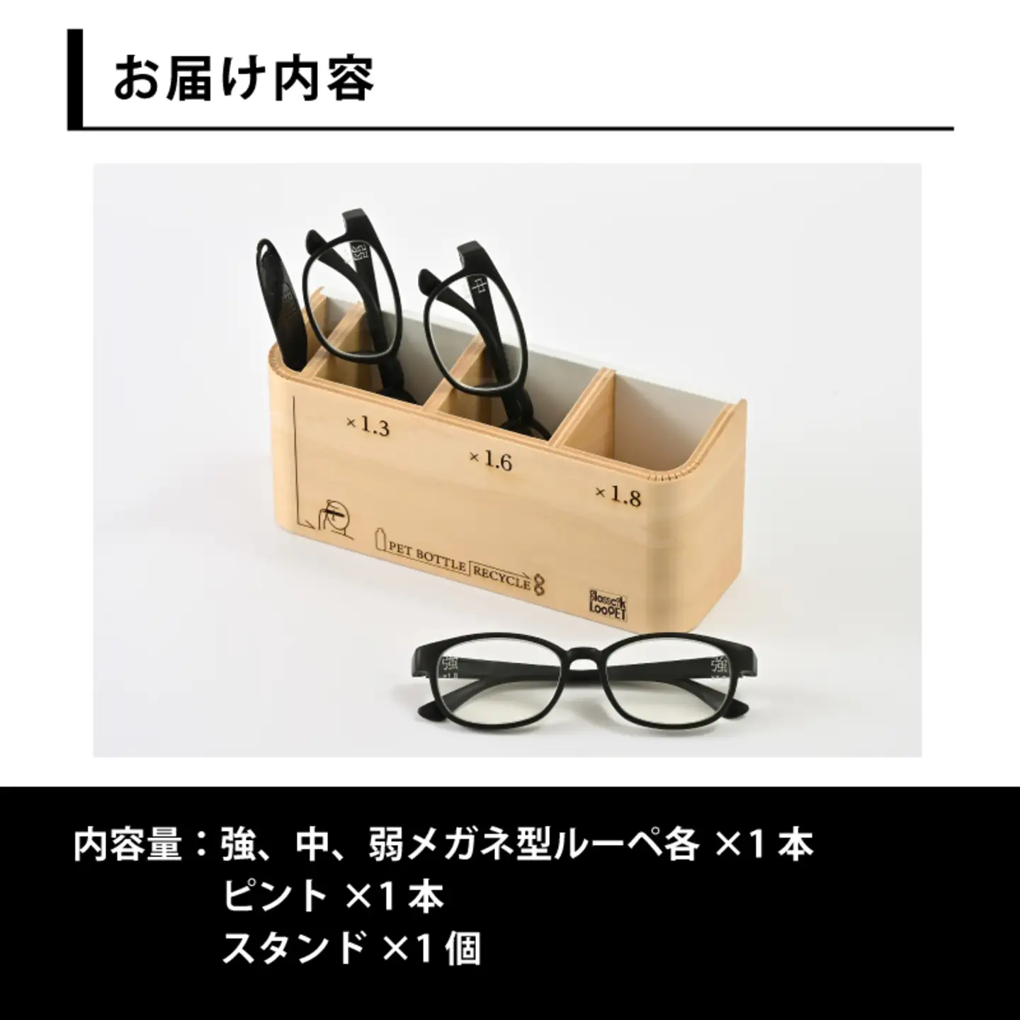 スタンド付きPETリサイクル強、中、弱メガネ型ルーペ＋ピント