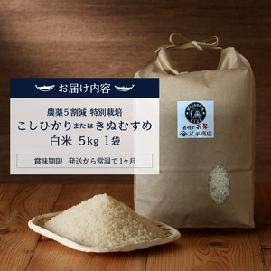 a13-141　令和７年産 農薬5割減 特別栽培 コシヒカリ または きぬむすめ 白米5kg