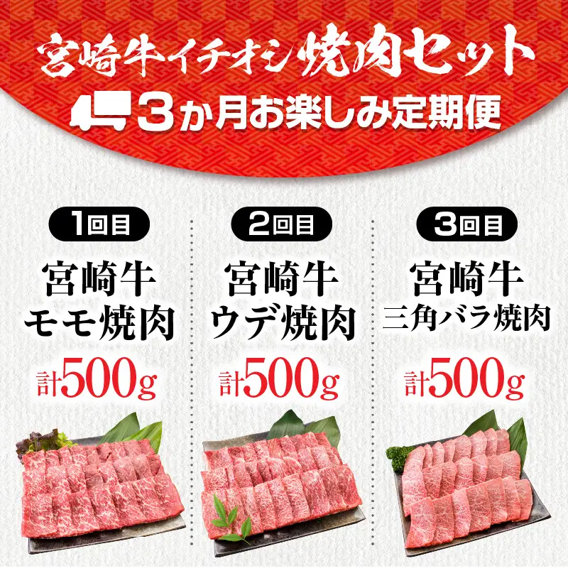 【令和8年6月から毎月配送】3か月定期便 月替わりで堪能!! 宮崎牛 イチオシ 焼肉 セット お楽しみ 定期便 総重量1.5kg_GE10-25-E