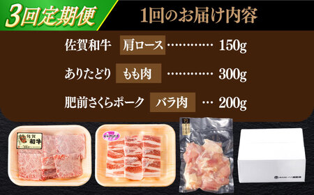 【定期便】 牛肉 豚肉 鶏肉 焼肉セット 計650g NAC168 焼肉 全3回