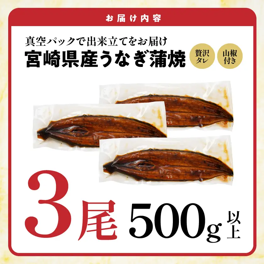 宮崎県育ちのうなぎ蒲焼3尾500g以上≪山椒・たれ付≫〔AC-M301〕_(都城市) うなぎ蒲焼(有頭) 宮崎県産 真空 山椒・たれ付