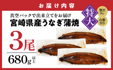 宮崎県育ちの【特大】うなぎ蒲焼3尾680g以上≪山椒・たれ付≫_29-M301_(都城市)  特大うなぎ蒲焼(有頭) 宮崎県産 真空 山椒・たれ付