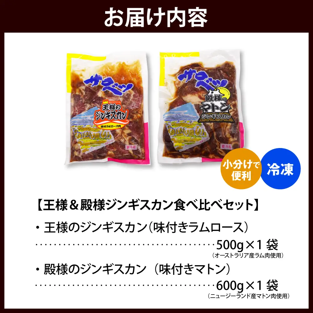 王様＆殿様ジンギスカン食べ比べセット【王様のジンギスカン（味付きラムロース）1袋＋殿様のジンギスカン（味付きマトン）1袋 計1.1kg】