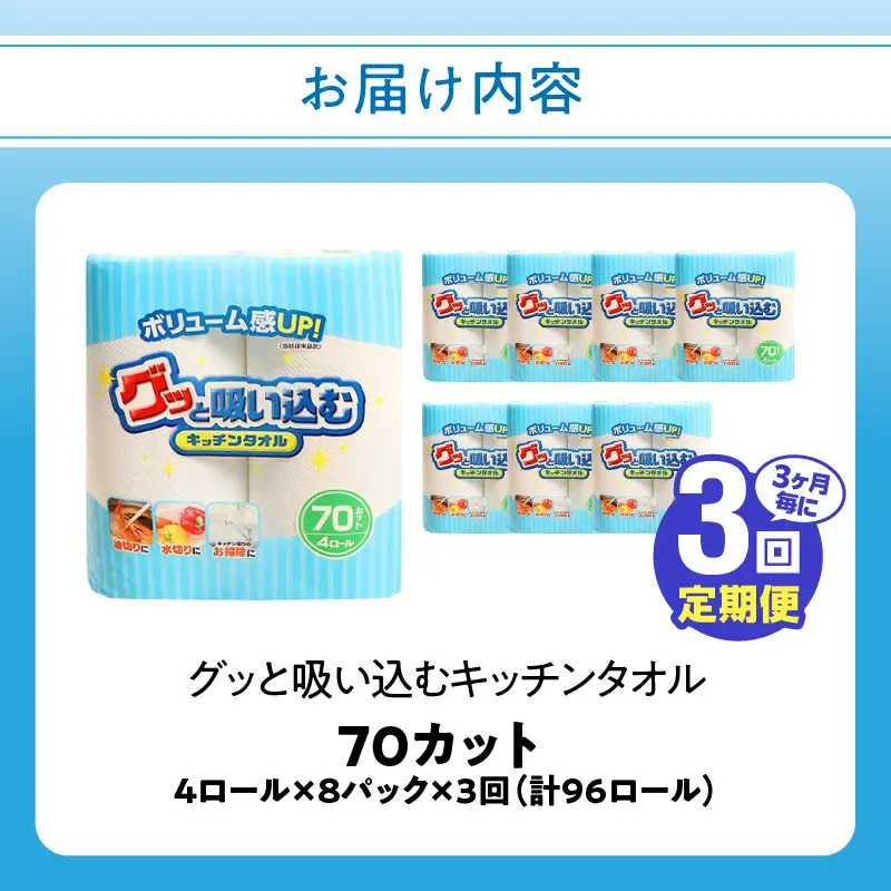 【3ヶ月毎に配送】キッチンタオル70カット（4ロール×8パック）3回お届け定期便 T10056