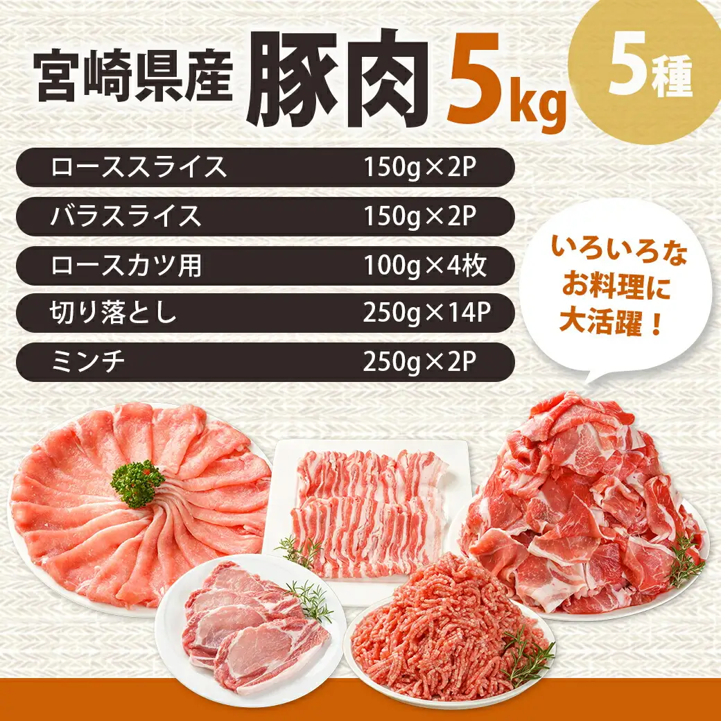 宮崎県産豚肉5kgセット〔AC-M601〕_(都城市) 宮崎県産豚肉 5kgセット ローススライス バラスライス ロースカツ用 切り落とし ミンチ