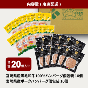 宮崎県産黒毛和牛100%ハンバーグ個包装(10個/冷凍)・ 宮崎県産ポークハンバーグ個包装(10個/冷凍)　K16_0157
