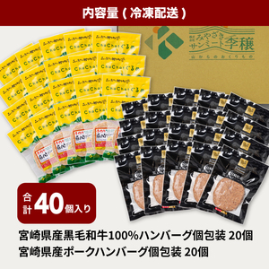 宮崎県産黒毛和牛100%ハンバーグ個包装(20個/冷凍)・ 宮崎県産ポークハンバーグ個包装(20個/冷凍)　K16_0158