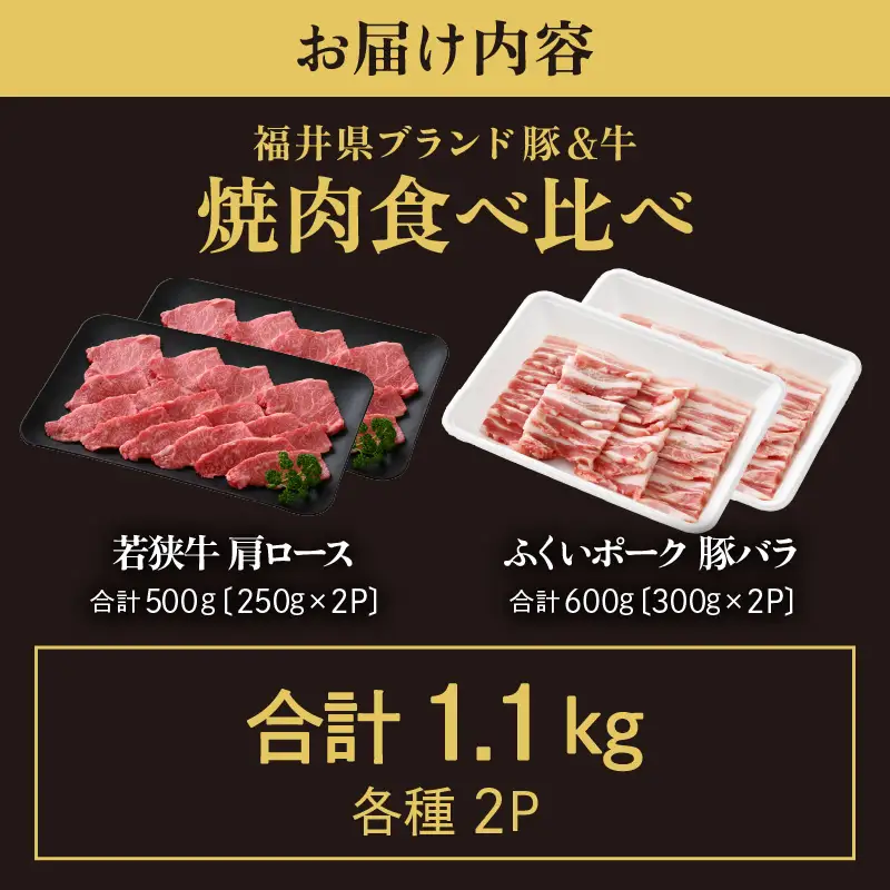 【ブランド肉】牛 豚 食べ比べ 「若狭牛 」「ふくいポーク 」焼肉用 計 1.１kg 国産肉 冷凍 [e02-c013]