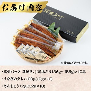 鹿児島県産 うなぎ 蒲焼 (1尾あたり136g～155g×10尾、タレ・山椒付き) 【西日本養鰻】D34