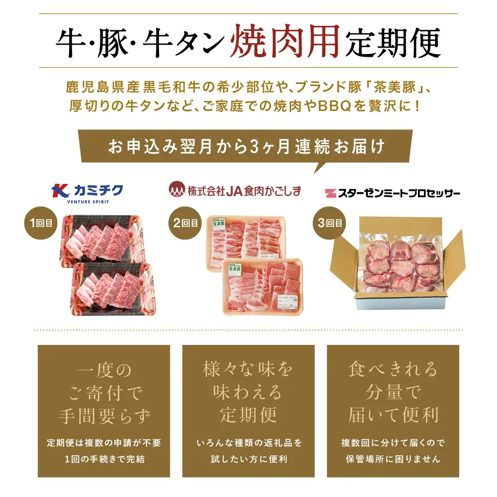 【厳選焼肉定期便】黒毛和牛・ブランド豚・牛タン 全3回コース 牛肉 焼肉 焼き肉 BBQ バーベキュー 豚肉 バラ ロース 牛タン お肉 小分け 冷凍 定期配送 カミチク スターゼン JA食肉かごしま 鹿児島県南さつま市