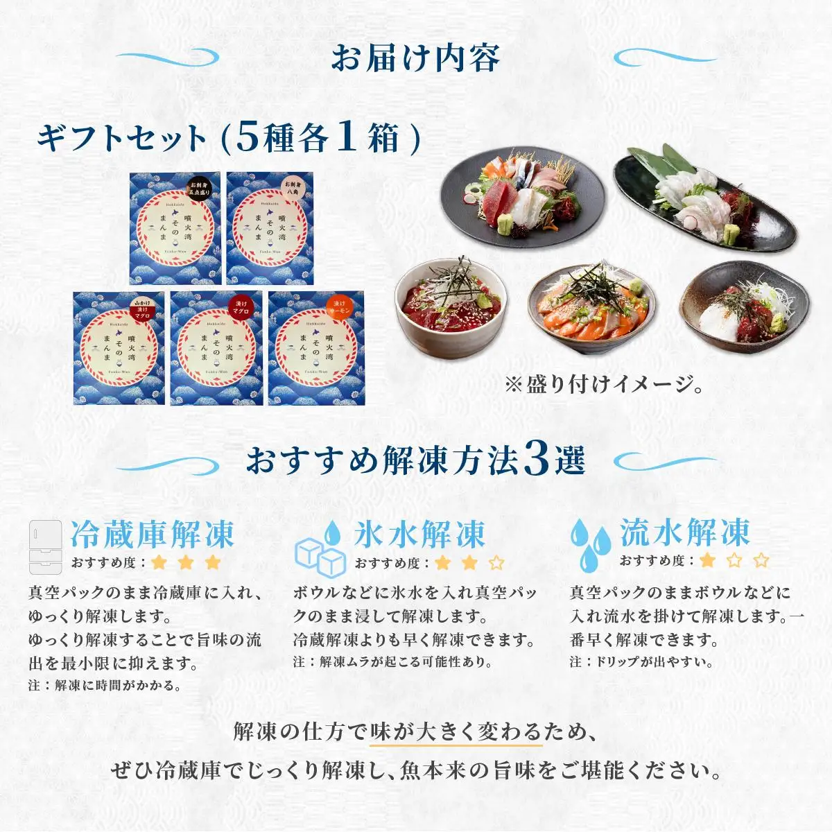 [5525-1116]噴火湾そのまんま ギフトセット(5種各1箱)　旬菜一鮮 だて大和屋 厳選 魚介 海鮮 刺身 刺し身 小分け 新鮮 魚介類 魚貝類 加工食品 贈答 ギフト 贈り物 ご褒美